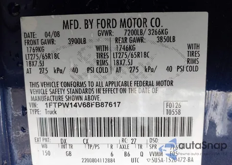 2008 Ford F-150 60Th Anniversary/Fx4/King Ranch/Lariat/Xlt z USA, uszkodzony, nr VIN 1FTPW14V68FB87617